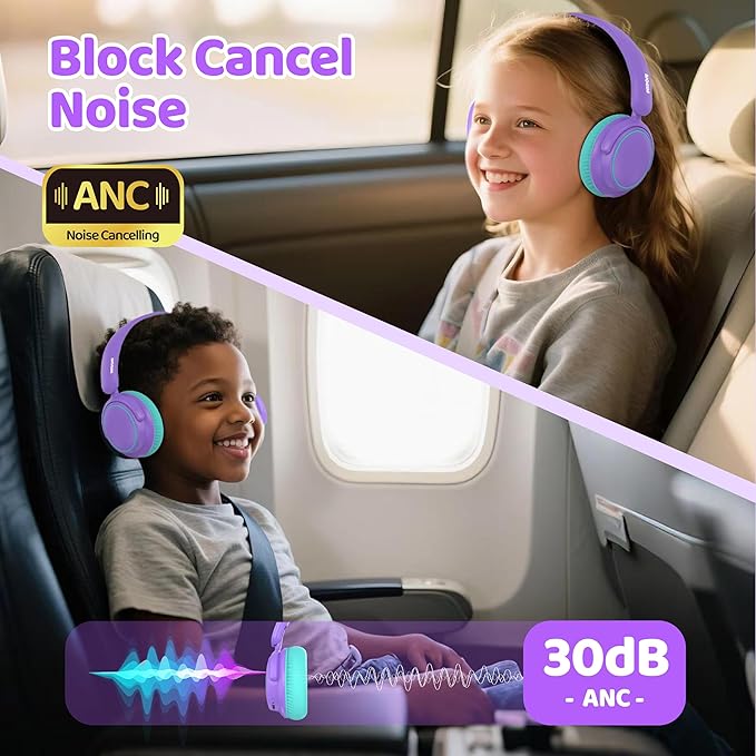 MIDOLA Active Noise Cancelling Kids Headphones Bluetooth 5.4 Wireless Volume Limited 85/94dB,Type C Fast Charging,Over Ear Foldable with Mic Aux Cord for Toddler Child Pad Tablet Purple