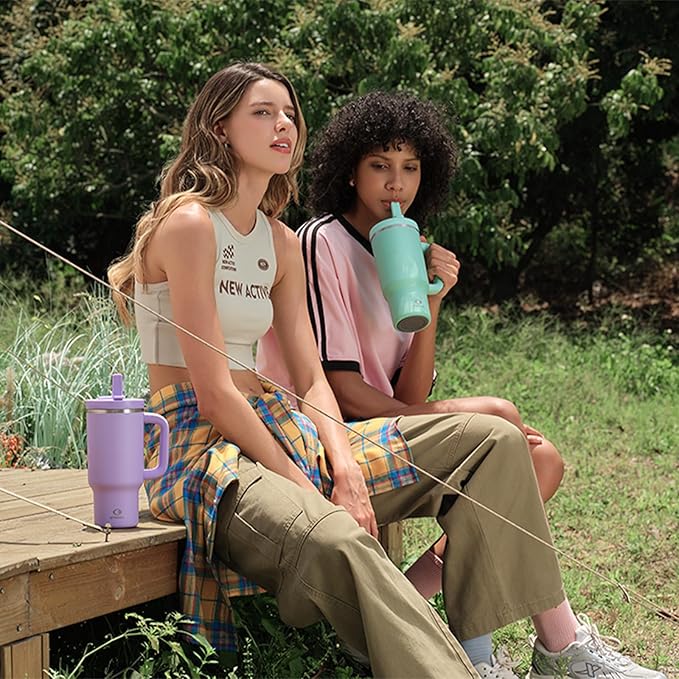 40 oz Tumbler with Handle and Straw: Stainless Steel Insulated Tumbler Keeps Cold for 24 Hours, Leakproof Travel Cup Fits in Cup Holder and BPA-Free, Lavender