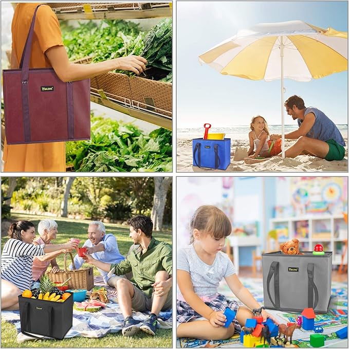 BALEINE 3Pk Reusable Grocery Bags, Foldable Shopping Bags for Groceries with Reinforced Bottom & Handles (Red)