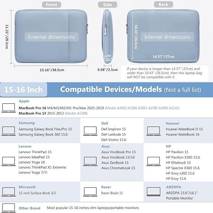 HYZUO 15-16 Inch Laptop Sleeve Bag Set for MacBook Pro 16 M4/M3/M2/M1 Pro/Max, 15" Surface Book, Notebook Case for 15" 15.6" HP Dell Lenovo ThinkBook Asus Acer Samsung Huawei, Pale Blue