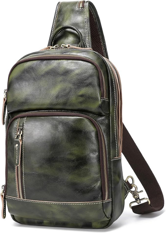 LANNSYNE Full Grain Leather Sling Bag For Men, Crossbody Bag fits 12.9" iPad Crossbody Chest Daypack