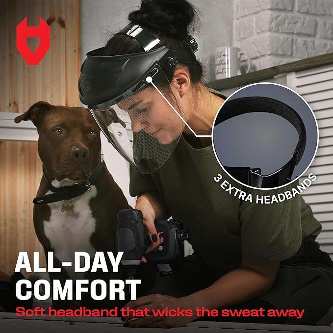 NoCry Premium Safety Face Shield for Grinding and Cutting — Clear Anti-Fog, Impact Resistant Visor and Adjustable Headgear — ANSI Z87.1 Certified for Industrial Use — Washable Sweatbands Included