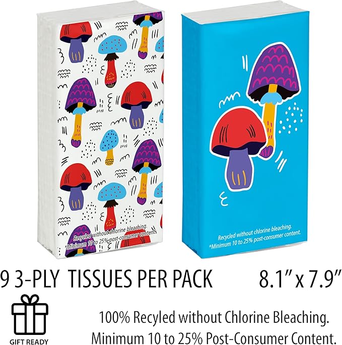 Funwares White Facial Travel Tissue Packs, Non-Bleach, Chlorine-Free, Compact Pocket Tissues for Car, Purse, School, Work, On-the-Go Tissue Packs, Mushroom Design, 24 Packs, 216 Tissues, 3-Ply Sheets