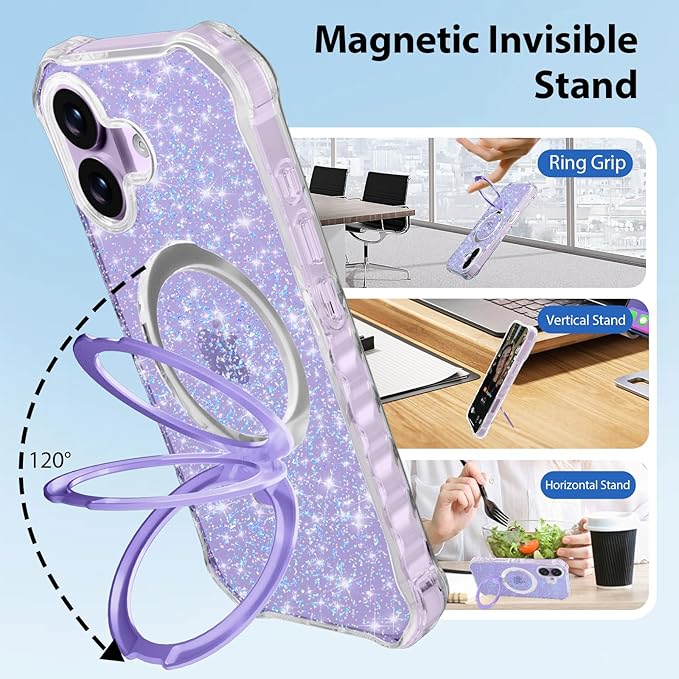 Magnetic for iPhone 17 Case with Invisible Stand, Compatible with MagSafe, Clear Bling Sparkle Shockproof Slim Anti-Slip Military Drop Protection Hard Phone Case 6.3" Glitter Purple