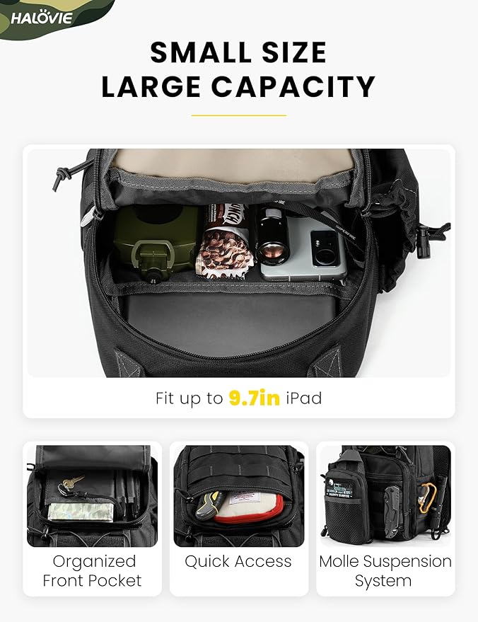 HALOVIE Anti-theft Tactical Sling Bag RFID Black Military Shoulder Bag with Phone Pack EDC Molle Crossbody Bag for men