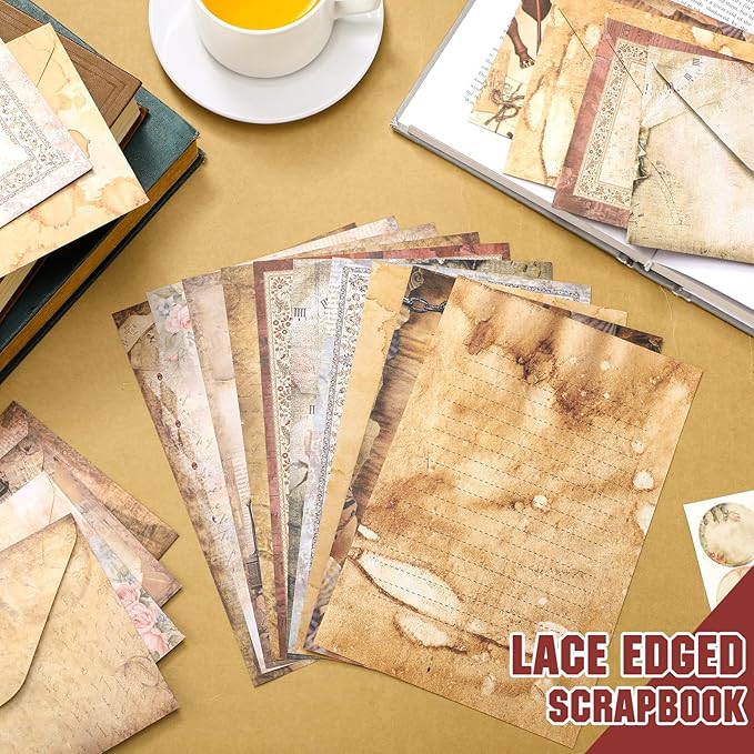 TaoBary 160 Pcs Stationery Paper Set 50 Double Sided Stationery Papers with 50 Matching Envelopes and 60 Round Dot Sticker, 10 Design(Lace Edged Scrapbook,5.5 x 8.25 Inch)