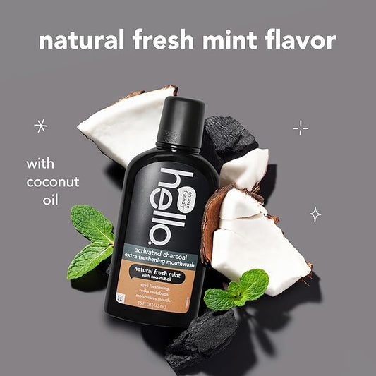 Hello Activated Charcoal Extra Freshening Mouthwash, Natural Fresh Mint and Coconut Oil, Fluoride Free, Alcohol Free, Vegan, SLS Free and Gluten Free, 16 Fl Oz (Pack of 3)