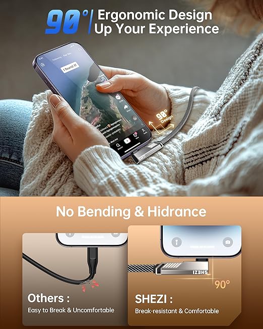 SHEZI 4-in-1 USB C Cable 3FT Compatible with Lightning Cable 90 Degree, [Fast Charging&Data Transfer] Flat Nylon Braided Charger Cord Combo, USB A/C to C/L Multi Charge Cable for iPhone/iPad