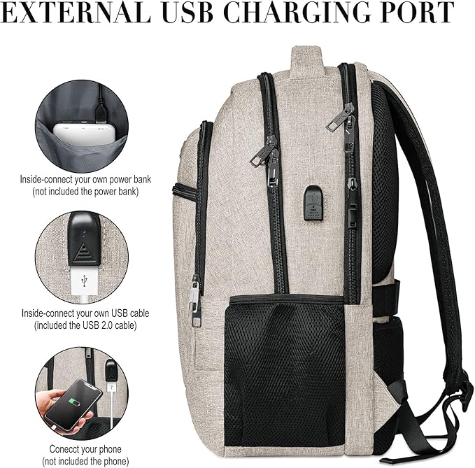 Backpack for Women and Men, Extra Large School Backpacks for Teens, Water Resistant Back Pack with USB Charging Port Fits 17 Inch Laptop, Business Anti Theft Sturdy Computer Bag Gifts, Beige