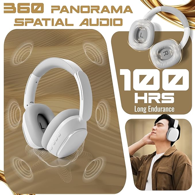 Wireless Over-Ear Headphones, Bluetooth 5.4, Active Noise Canceling ANC, 100H Battery, Foldable, Built-in Mic, Soft Earpads, Adjustable for Gym, Work, Travel, iOS/Android
