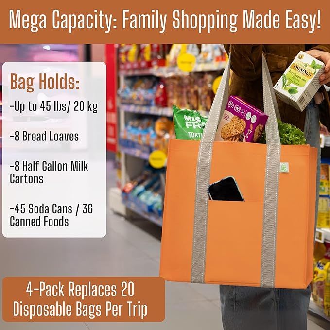 VENO 4 Pack Reusable Grocery Shopping Bags, Heavy-Duty Fall Tote Autumn Market Bags with Handles, for Shopping Cart with Hard Bottom, Foldable (Autumn Orange, 4 Pack)