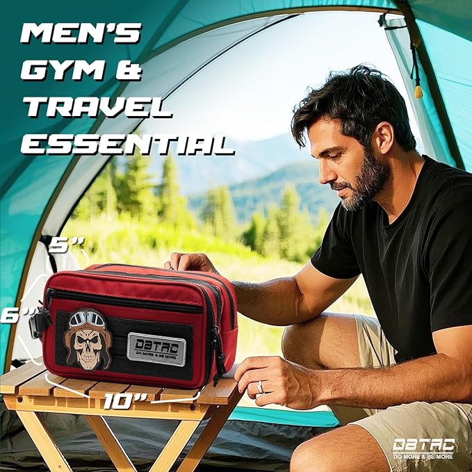 DBTAC Tactical Toiletry Bag w/Electronic Organizer Compartment | Dry/Wet Separate Hygiene Bag, Expanded Travel Dopp Kit Shaving Kit Travel shower Bag for Men (Red)