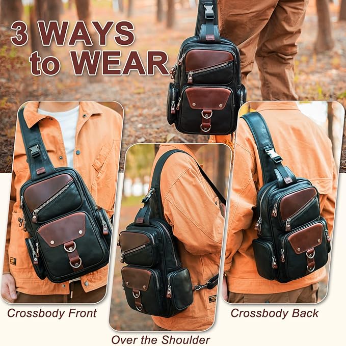 Genuine Leather Sling Bag for Men Large Crossbody Shoulder Bag Casual Sling Backpack Anti-Theft Travel Chest Purse