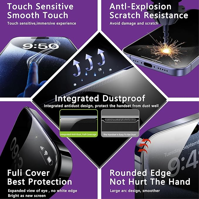 2 Pack Matte Privacy Screen Protector for iPhone 13 Pro Max/iPhone 14 Plus, 9H Tempered Glass, Full Coverage, Anti-Fingerprint, Auto Dust-Elimination, No Bubble, Easy Installation