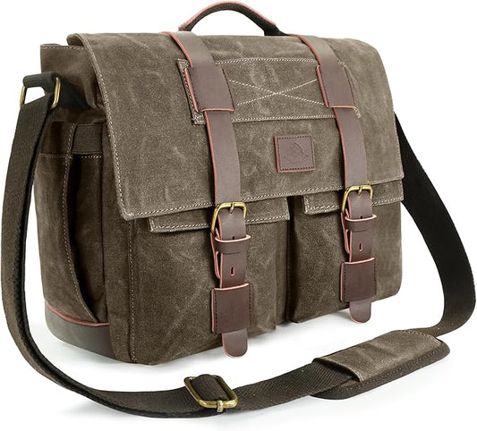 Messenger Bag for Men,13-14 Inch Laptop Bag, Vintage Water-resistant Waxed Canvas Satchel Bags, Leather Briefcase for School Work Travel (Vintage Grey)