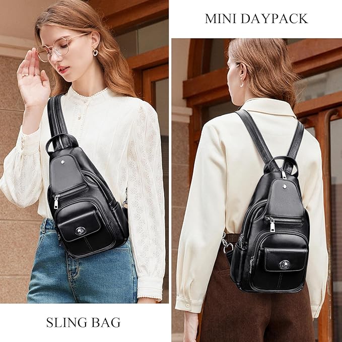 Over Earth Genuine Leather Sling Bag for Women Men Crossbody Backpack Small Chest Bags(O212E Classic Black)