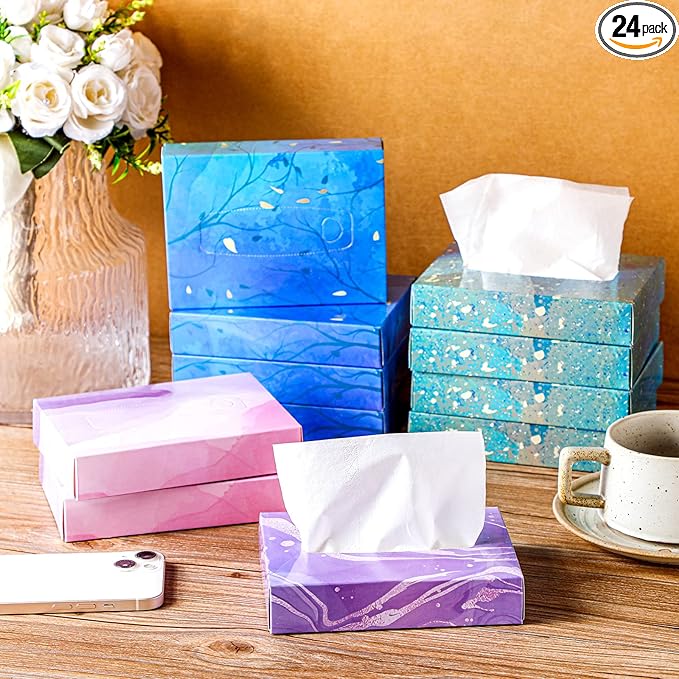 Yinder 24 Packs 960 Sheets Tissue Cube Car Facial Boxes Disposable Facial Travel Tissues Holder Soft Watercolor Boxes 2 Ply 40 Sheets for Wedding Household Car Kitchen Bathroom(Stylish)