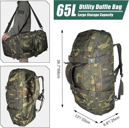 55L Large Duffle Bag, 3-in-1 Tactical Backpack MOLLE Pack for Sports, Gym, Outdoor, US Woodland