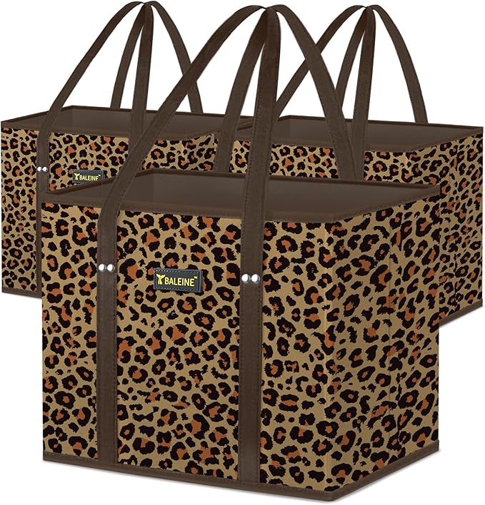 BALEINE 3Pk Reusable Grocery Bags, Foldable Shopping Bags for Groceries with Reinforced Bottom & Handles (Leopard)