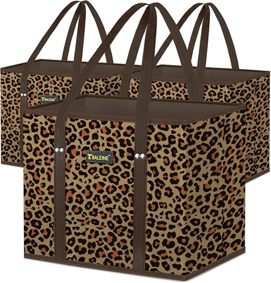 BALEINE 3Pk Reusable Grocery Bags, Foldable Shopping Bags for Groceries with Reinforced Bottom & Handles (Leopard)