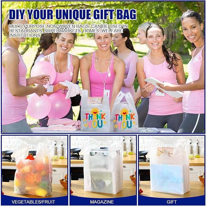 Windyun Large Grocery T-shirt Bags Bulk Reusable Non Woven Shopping Bag Foldable Gift Tote with Handle, 21x11x6 Inch