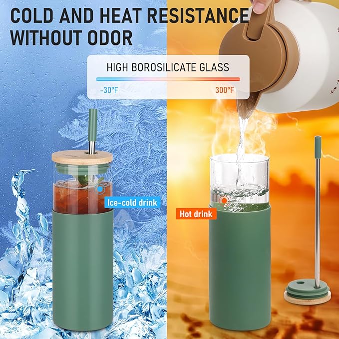 Glass Tumbler w/Lids & Straw: 24 oz Reusable Glass Cup w/Bamboo Lid, Stainless Steel Straws, BPA-Free, Leak-Proof, Dishwasher Safe for Coffee/Smoothies/Hot Beverage, Travel/Office/Home Use, 1-Pk