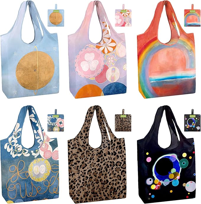 BeeGreen Oil Painting Reusable Grocery Bags 6 Pack, Heavy Duty Totes for Women, Foldable Grocery Bag Large Shopping Totes with Handles for Work, Travel, Gift, Polyester Washable Reusable Tote Bag
