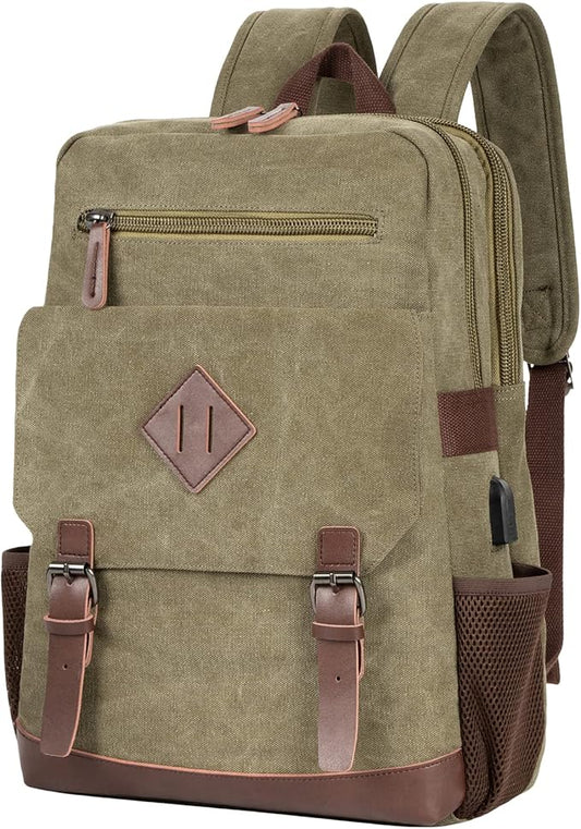 Modoker Vintage Backpack for Men Women, Canvas Bookpack Fits Most 15.6 Inches Computer and Tablets, Rucksack Backpack with USB Charging Port, Army Green