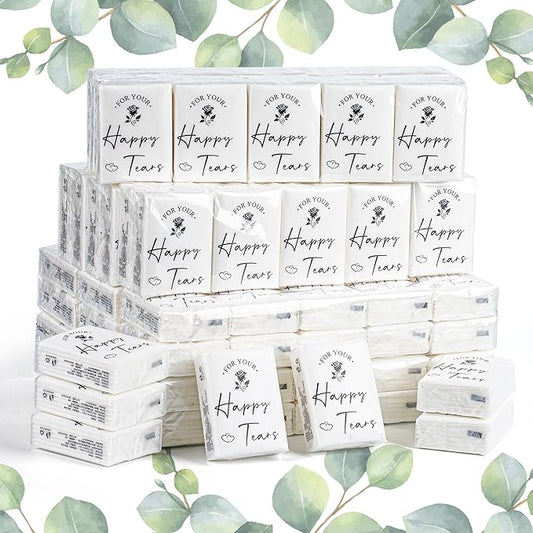 Lesnala 120Packs Happy Tears Tissue Packs for Wedding Kleenex Prepared for Guests 3 Ply Pocket Size for Travel Party Ceremony Graduation Favors White