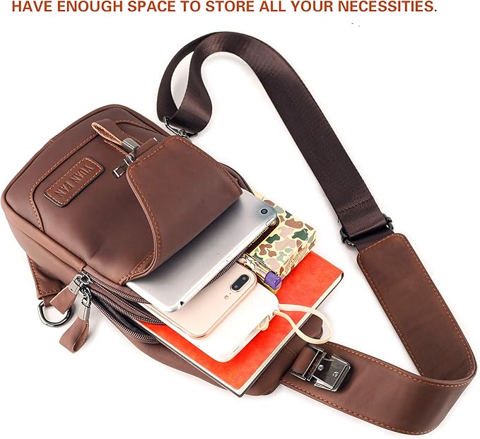 YUAN FAN Leather Sling Bag for Men,Chest Shoulder CrossBody Concealed Carry Bag Man Purse Travel Wander Plus Anti Theft Bag
