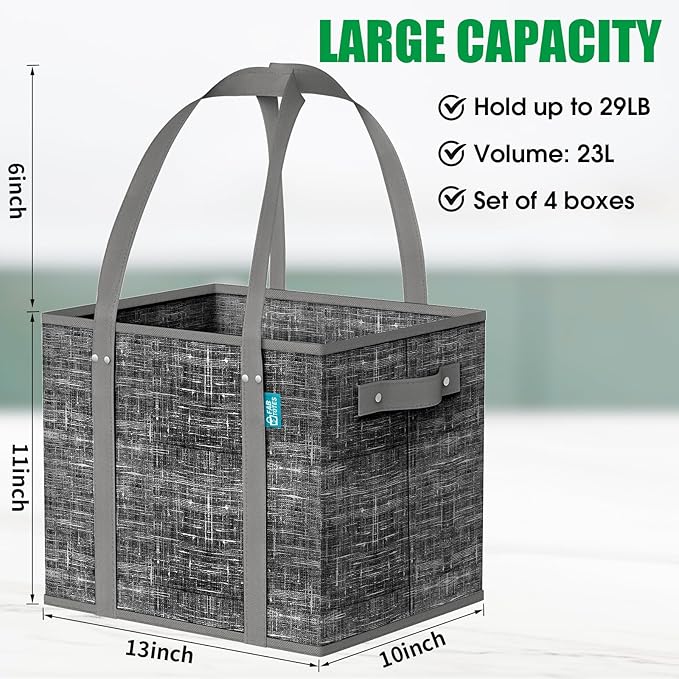 Fab totes Reusable Grocery Bags, Large Foldable Shopping Tote Bags with Reinforced Handles & Hard Bottom,Water Resistant Grocery Bags for kitchen,Picnic,4 Pack,Black