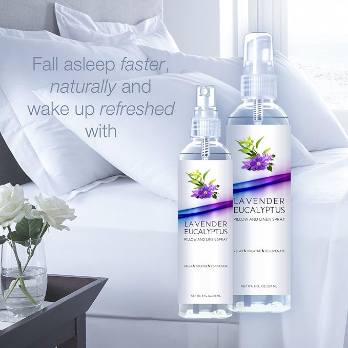 Two Pack Lavender Eucalyptus Pillow and Linen Spray, Best Set for Travel and Home, Strong Essential Oil Mist for Relaxing the Body and Mind (Lavender Eucalyptus, 4oz/8oz)