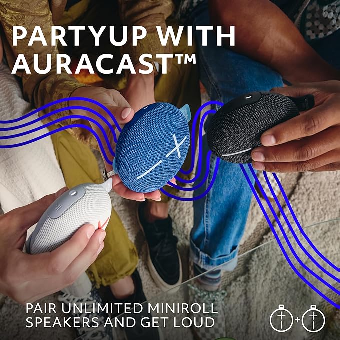 Ultimate Ears MINIROLL Ultra-Portable Waterproof Bluetooth Speaker, Big Bass, IP67 Dustproof, 131 ft Range - Gentle Blue