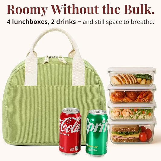Insulated Lunch Bag for Women Men, Stylish Corduroy Tote Bag with Aluminum Lining, Large Capacity Reusable Cooler for Work, Travel, or Beach, Guacamole Green Lunch Box