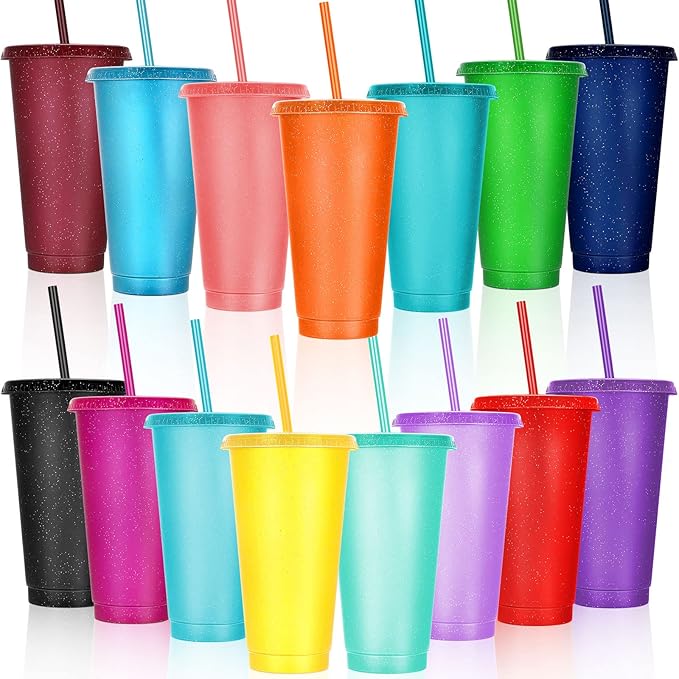 Honeydak 15 Pack Tumbler with Straw and Lid Bulk Glitter Plastic Cups Water Bottle Iced Coffee Travel Mug Reusable Party Favor Cups for Birthdays travel 24-27 oz (Vivid Color)
