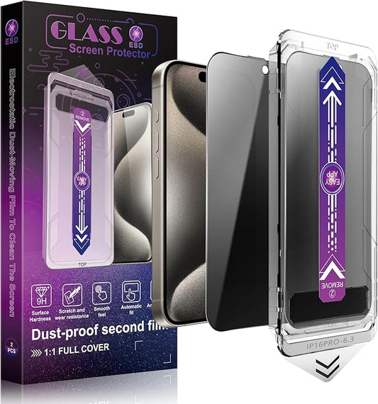 2 Pack Privacy Screen Protector for iPhone 17&16 Pro 6.3-Inch Auto Dust Removal, No Bubbles,Anti-Spy Tempered Glass Film, Easy Installation
