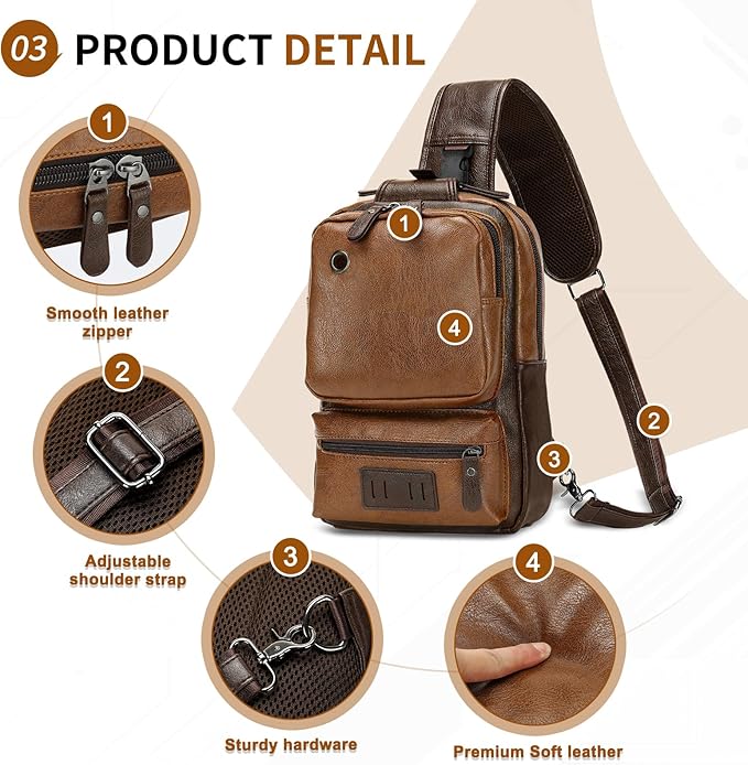 Vintage PU Leather Sling Backpack for Men, Crossbody Bag, Adjustable Shoulder Strap, Compact Backpack for Travel, Daily Use, and Gift, Light Brown