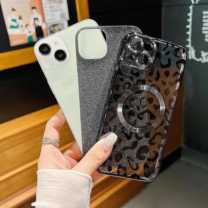 for iPhone 15 Plus Case Magnetic,Soft Cute Luxury Leopard Cheetah Pattern Plating Glitter Bling Phone Case Compatible with MagSafe Clear Shockproof Back Cover for Women Girl 6.7"-Black
