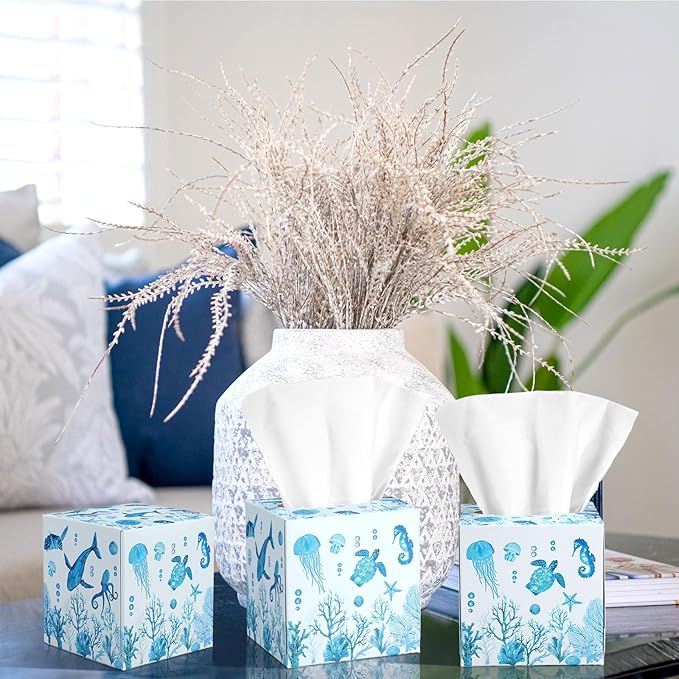 12 Pack Summer Ocean Life Facial Tissues Cube Boxes 600 Sheets 3 Ply Small Square Sea Turtles Jellyfish Turtle Face Tissues Bulk for Summer Car Bedroom Supplies