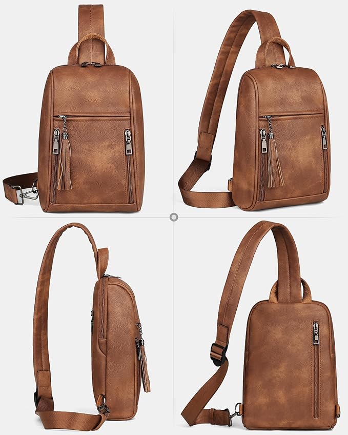 FADEON Sling Bag for Women, Crossbody Purse with Tassels, Designer Leather Shoulder Chest Bags for Travel