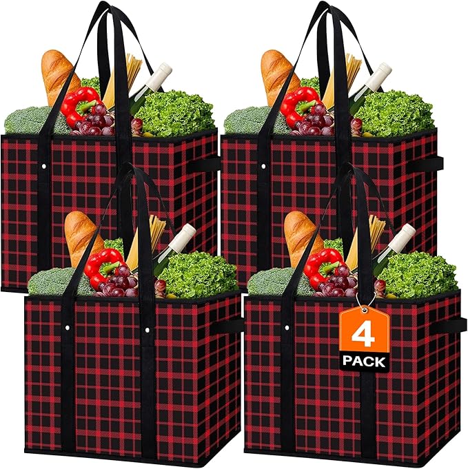 WISELIFE Reusable Grocery Bags 4 Pack,Large Grocery Tote Bag Water Resistant Shopping Bags Foldable Grocery Bag for Clothes,Shoes and Picnic,Red