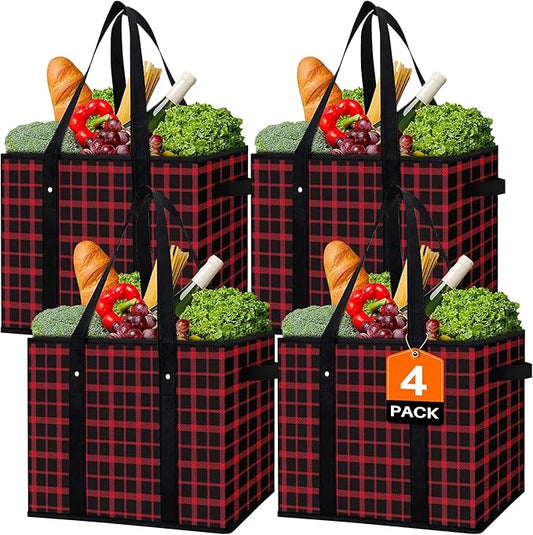 WISELIFE Reusable Grocery Bags 4 Pack,Large Grocery Tote Bag Water Resistant Shopping Bags Foldable Grocery Bag for Clothes,Shoes and Picnic,Red