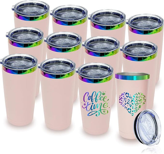 20 oz Stainless Steel Tumbler with Lid and Straw Double Wall Vacuum Insulated Coffee Mug Powder Coated Cup for Hot and Cold Drinks (Pink,12 pack)
