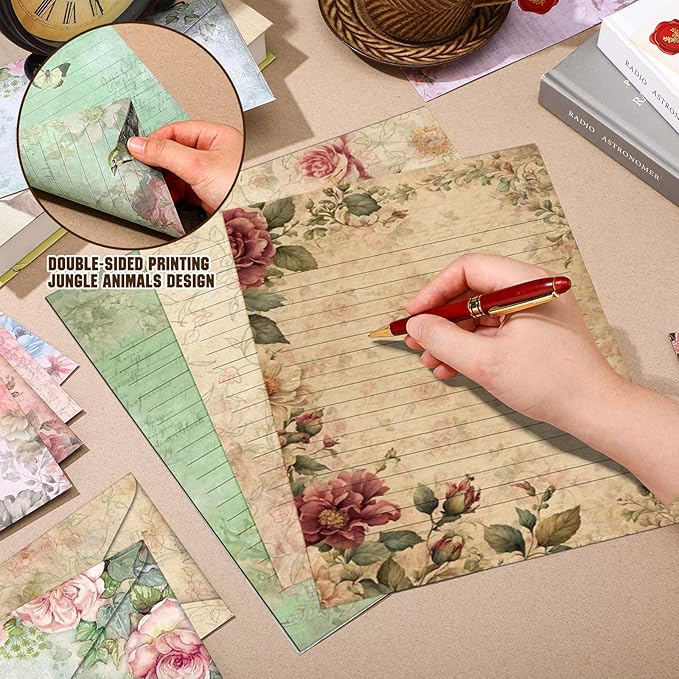 TaoBary 160 Pcs Stationery Paper Set 50 Double Sided Stationery Papers with 50 Matching Envelopes and 60 Round Dot Sticker, 10 Design(Vintage Floral,8.5 x 11 Inch)