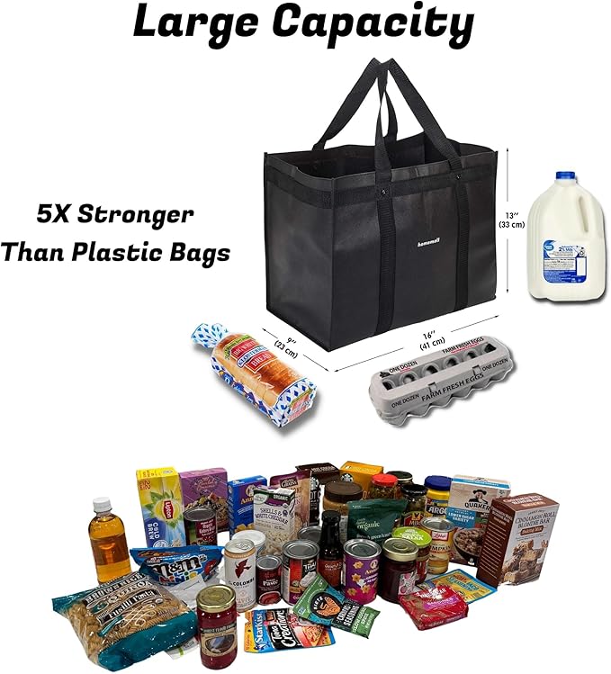 Homemell Heavy Duty Reusable Grocery Bags, Large Collapsible Tote Bag Holds 100 LBS, Extra-Strength Premium Material (Black, 4-Pack)