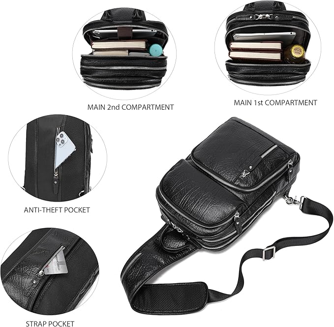 LANNSYNE Full Grain Leather Sling Bag For Men, Crossbody Bag fits 12.9" iPad Crossbody Chest Daypack