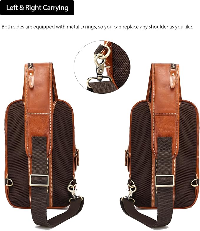 LANNSYNE Vintage Full Grain Leather Sling Bag Crossbody Chest Daypack