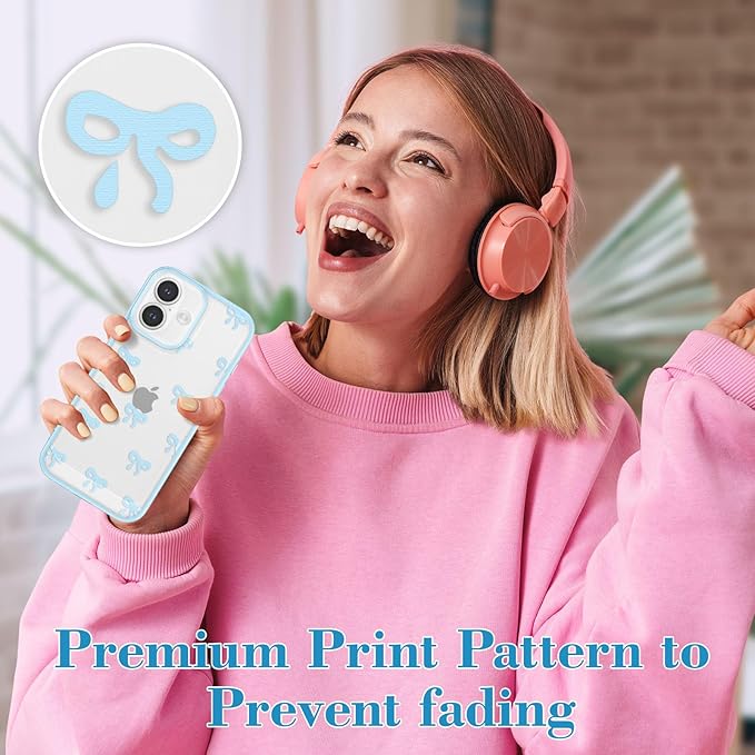 EYZUTAK Case for iPhone 16, Clear Cute Ribbon Bowknot Pattern Aesthetic Transparent Phone Case Raised Camera Protection Stylish Slim Soft Durable TPU Protective Cover for Women Girls - Blue