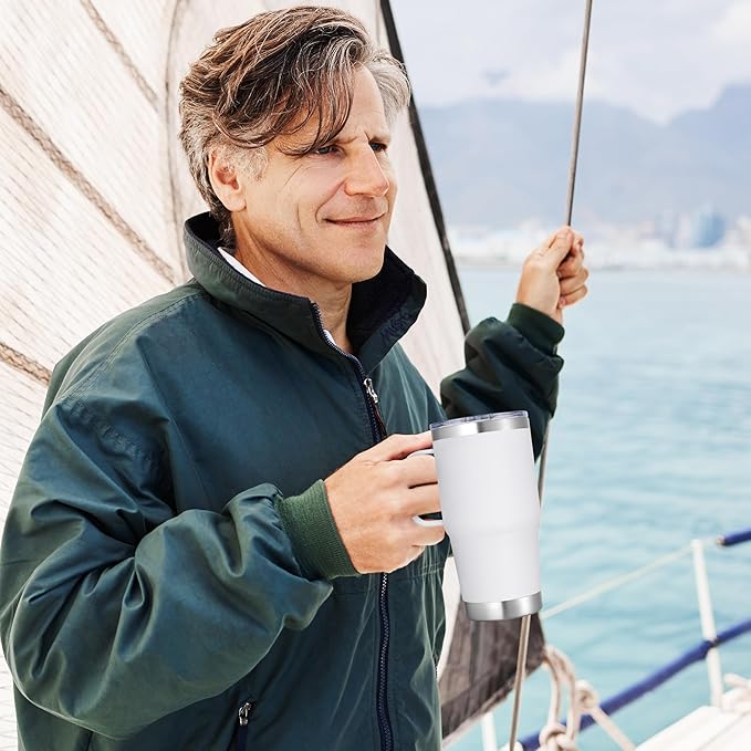 20 oz Stainless Steel Tumbler with Handle Metal Insulated Coffee Travel Mug with Handle Double Wall Tumbler Cup with Lid and Straw, White 1 Pack