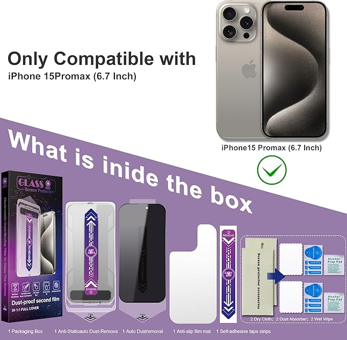 CHISHA 2-Pack Privacy Screen Protector for iPhone 15 Pro Max 6.7-Inch, Auto Dust Removal, No Bubbles,Anti-Spy Tempered Glass Film, Easy Installation